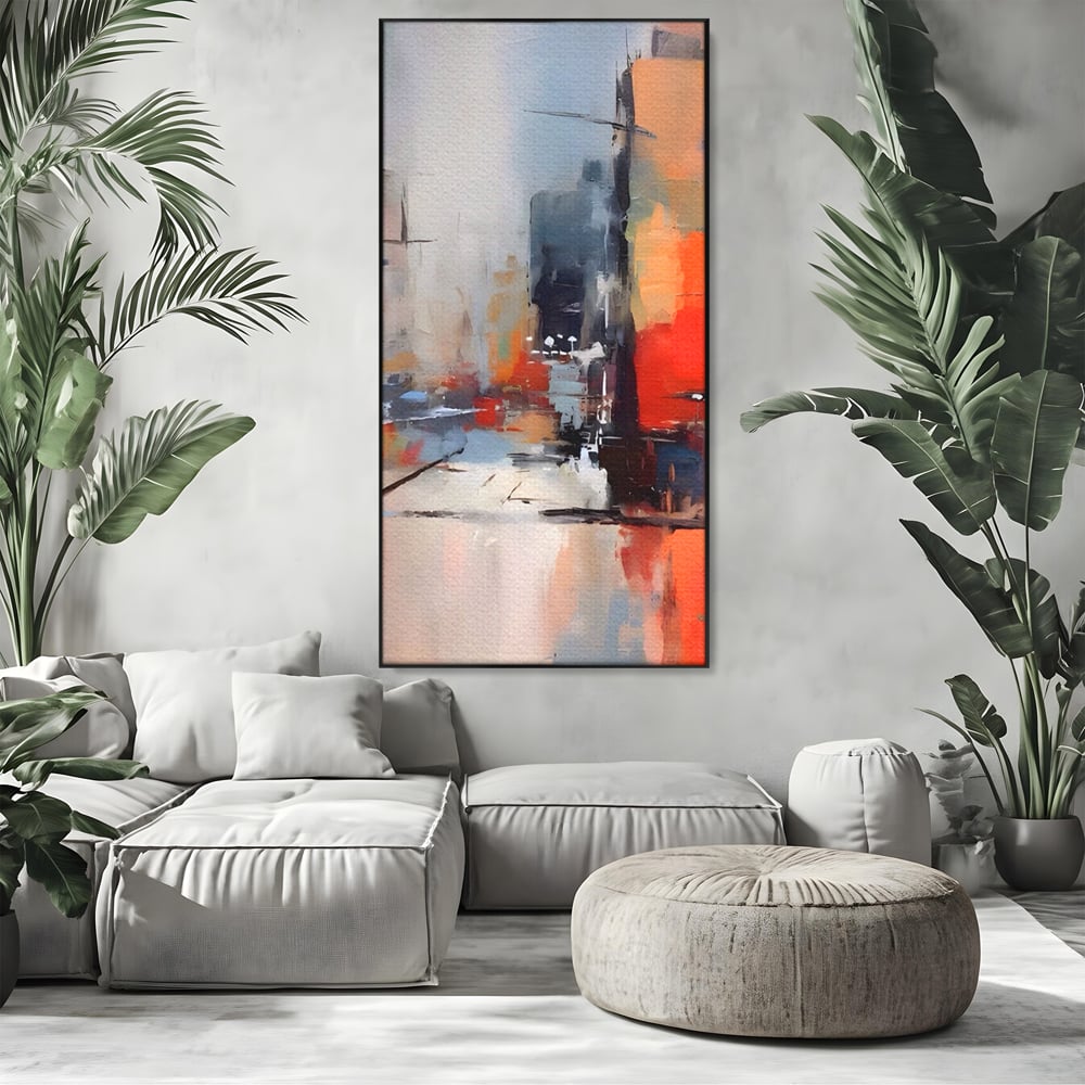 Tablou canvas cu pictura abstracta cu oras si cladiri, in rama de aluminiu negru, pe perete intr-un living